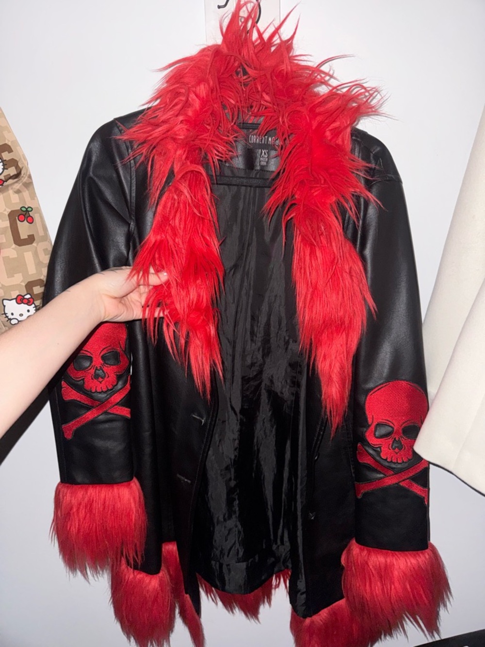 Current Mood Black Faux Leather Trench Coat with Red Faux Fur & Skull Appliqués